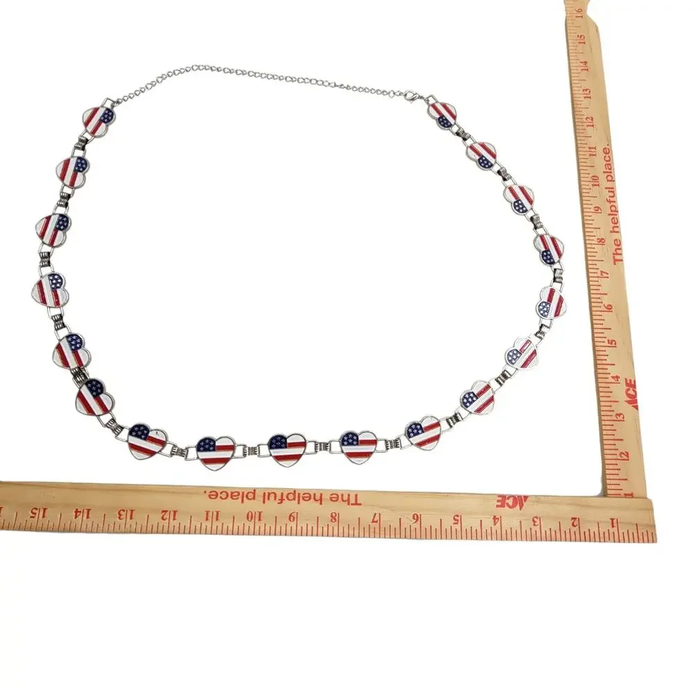 Vtg Americana USA Flag Heart Link Chain Belt Enamel Patriotic Silver Tone Womens